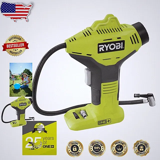 Ryobi 18V ONE+ Cordless Inflator Body - Fast Tire Inflation, 50cm Hose